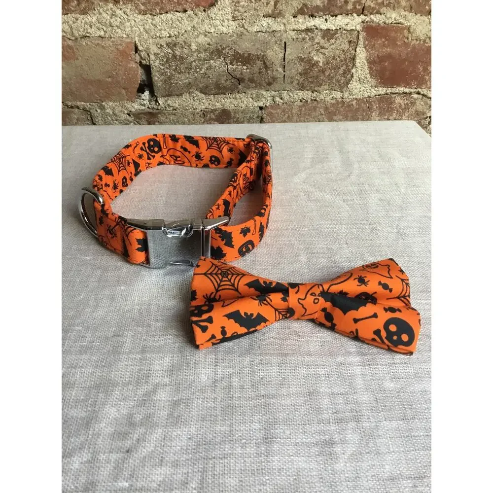Halloween Dog Collar w/ Removable Cute Bow Tie Pumpkin Print New Size M